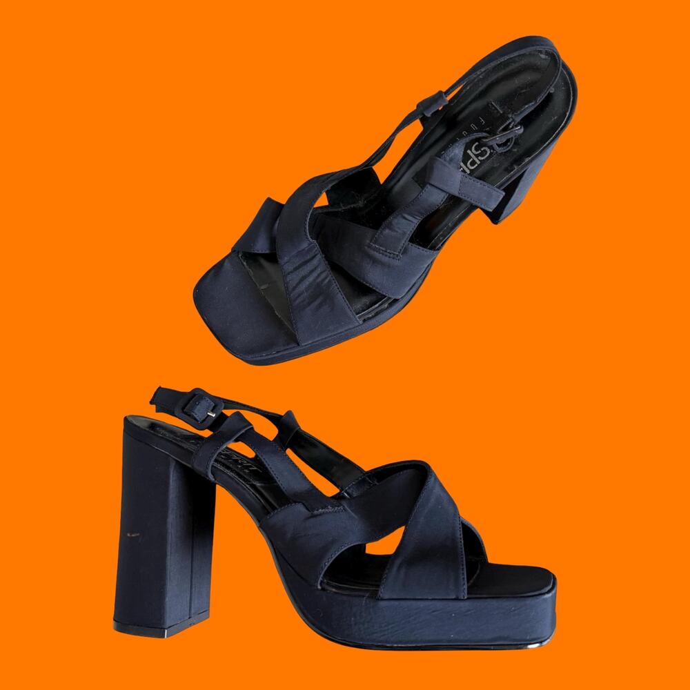 90's vintage black strappy square toe y2k chunky platform heels Size 10 Esprit